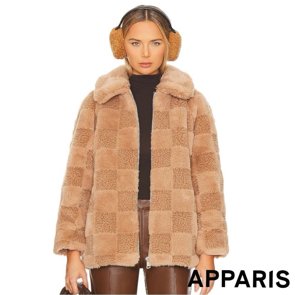 APPARIS **NWT** Lucy Textured Checkerboard Oversized Teddy Jacket Butterscotch